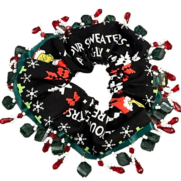 Christmas Grinch Scrunchie, Hair Accessory |Handmade Gift, Hair Tie, glass beads - Picture 9 of 14